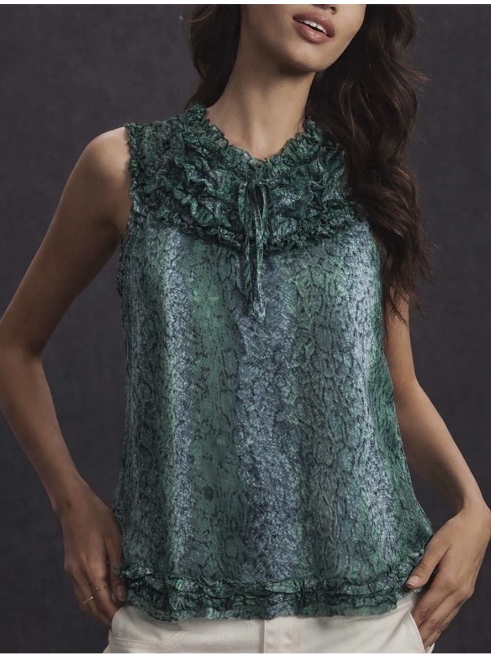 Olivia Moon Green Ruffled Tie-Neck Sheer Snake-Print Camisole